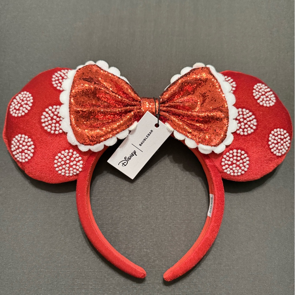 Disney x Baublebar Minnie Mouse Red Polka Dot Sequin Bow Ear Headband NWT